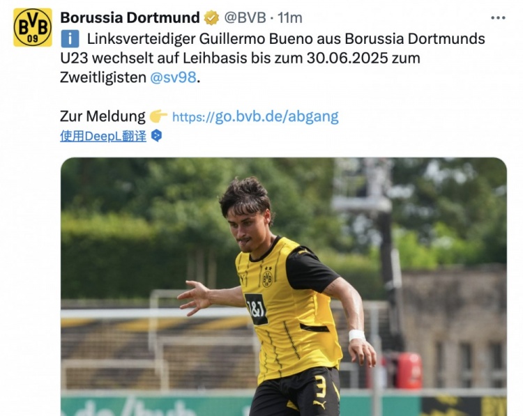 多特官方:21歲左后衛(wèi)布埃諾租借加盟達姆施塔特